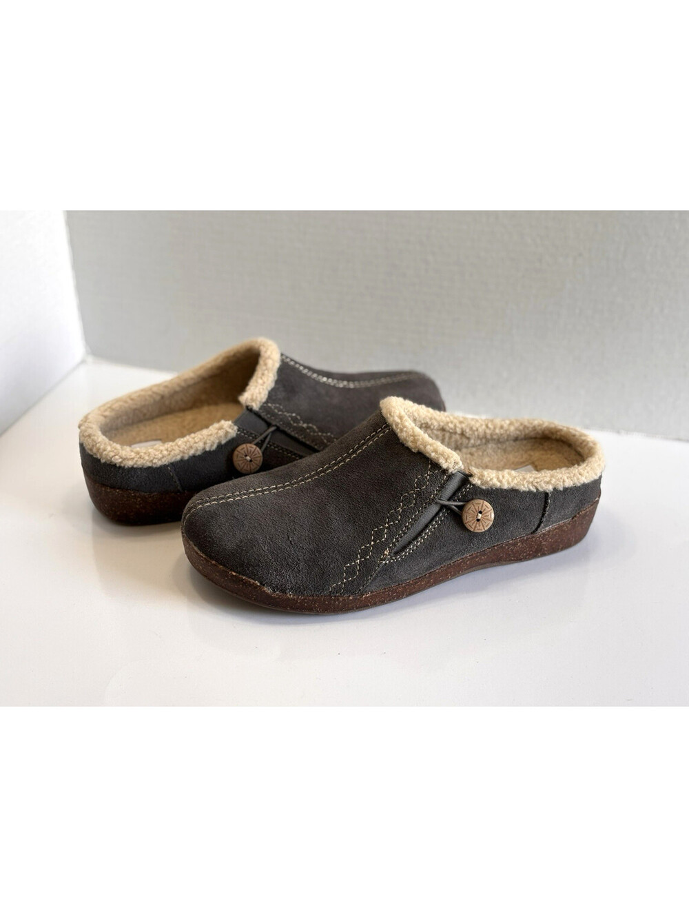 Earth Origins Aurora Johanna Clogs Women 9.5 Grey Suede Faux Fur Slip On Comfort